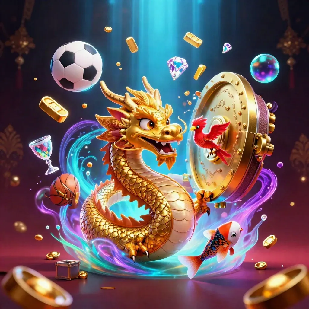 Golden dragon, phoenix and koi amid vault treasures and sports balls in luxe casino glow.