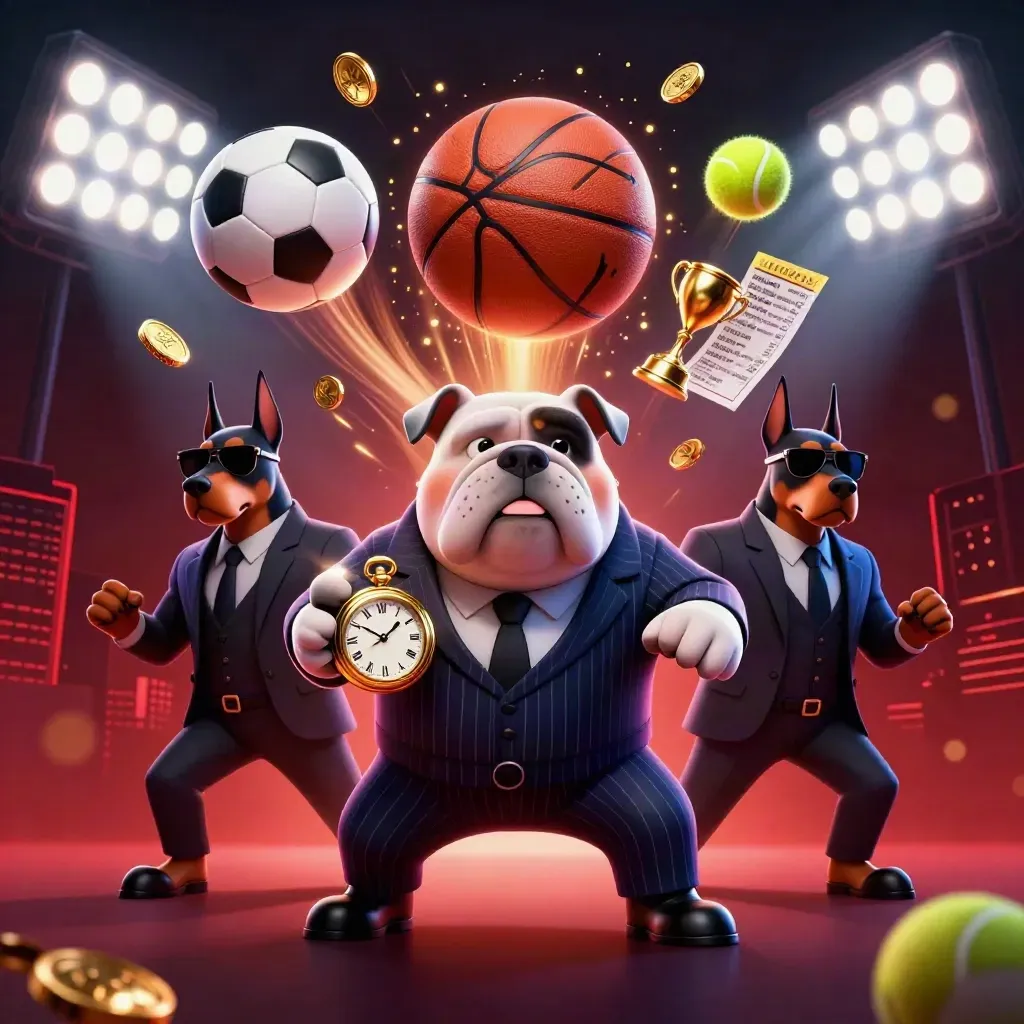 Bulldog boss and Doberman guards amid flying sports balls, gold coins, and blazing stadium lights.
