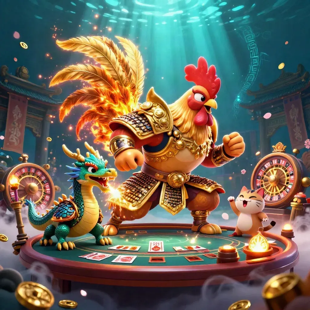 Samurai rooster, spark-breathing dragon hatchling and fortune-cat amid casino relics in neon blue.