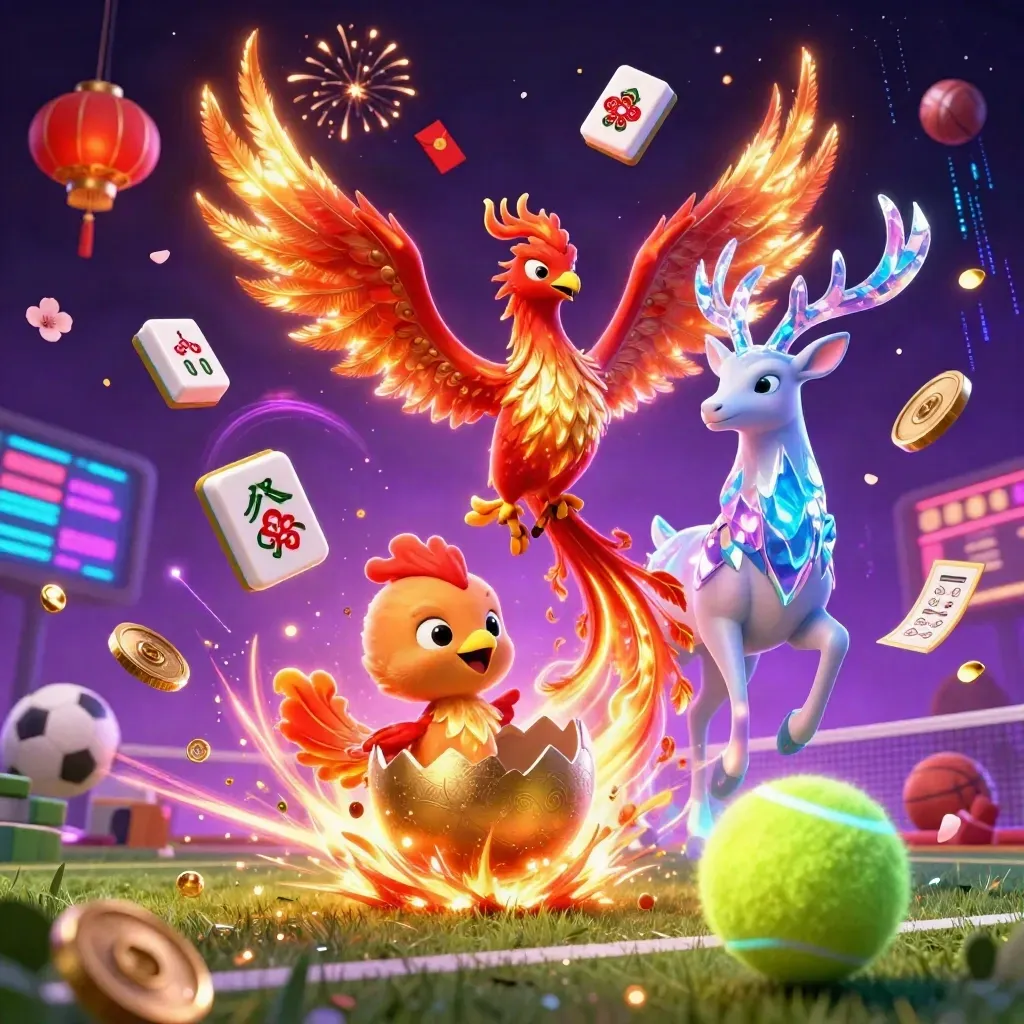 Phoenixes and a crystal stag amid casino icons, neon energy, and a flying tennis ball.