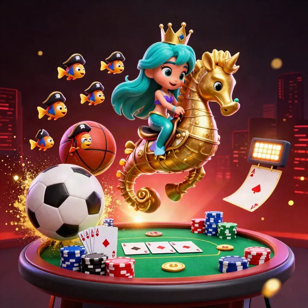Mermaid princess on armored seahorse amid poker chips, cards, fish, balls and neon casino lights.