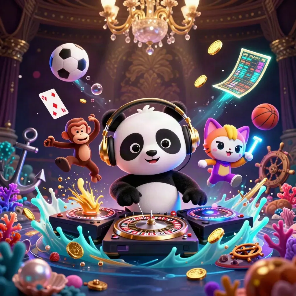 DJ panda, dancing monkey, and glow-kitten amid gold coins and underwater casino treasure.