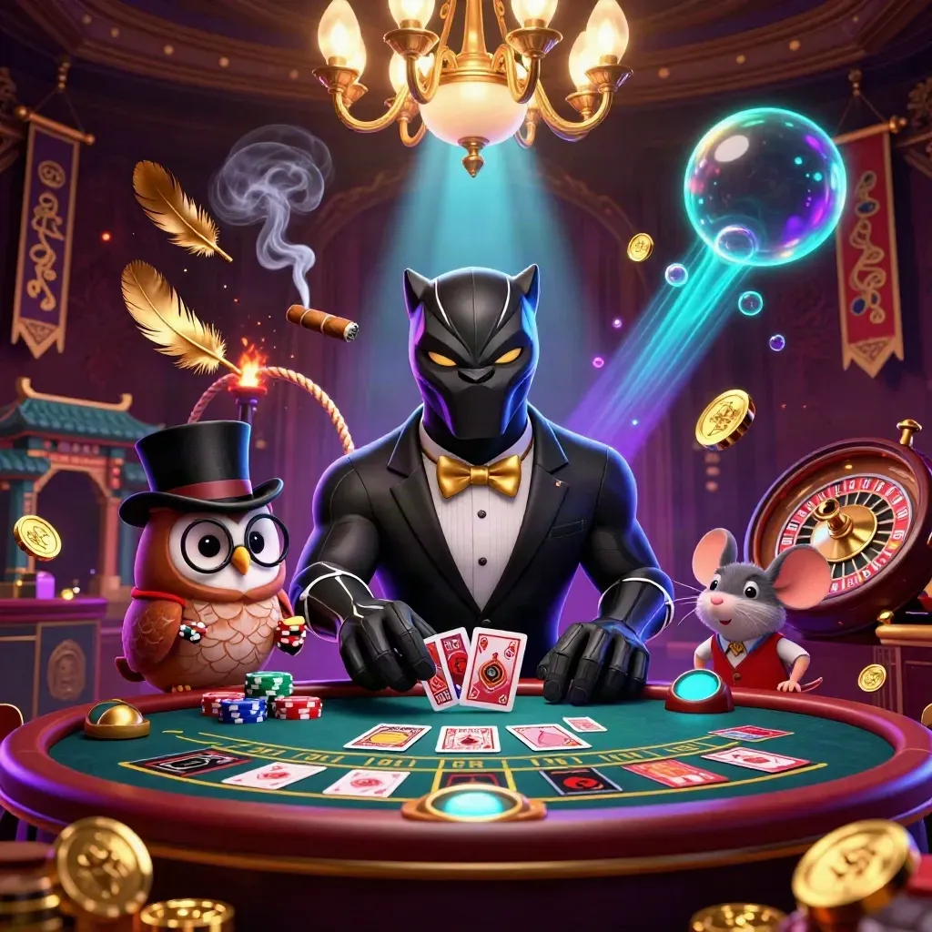 Panther, owl, and mouse in a luxe casino scene with gold light and neon glow.