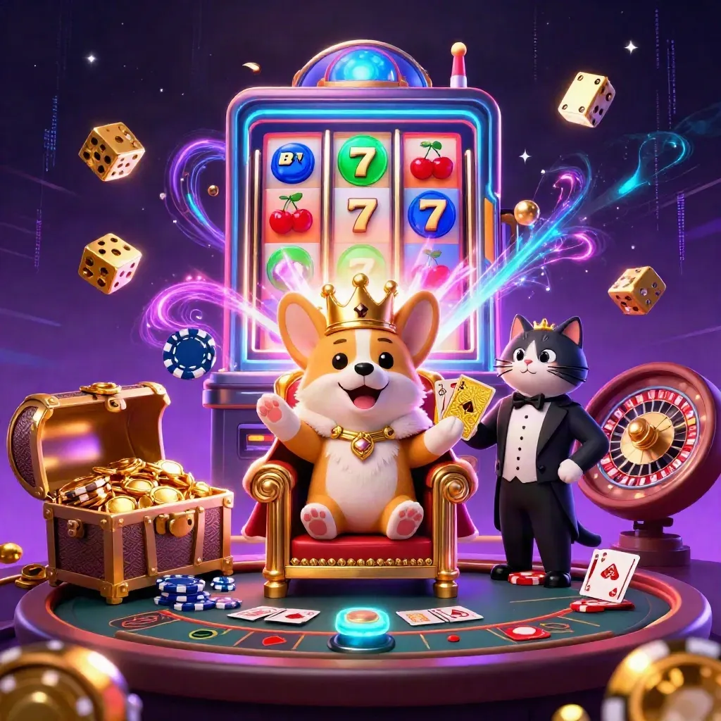 Royal corgi and cat butler in a neon casino scene with slot bursts, gold, and glowing dice.