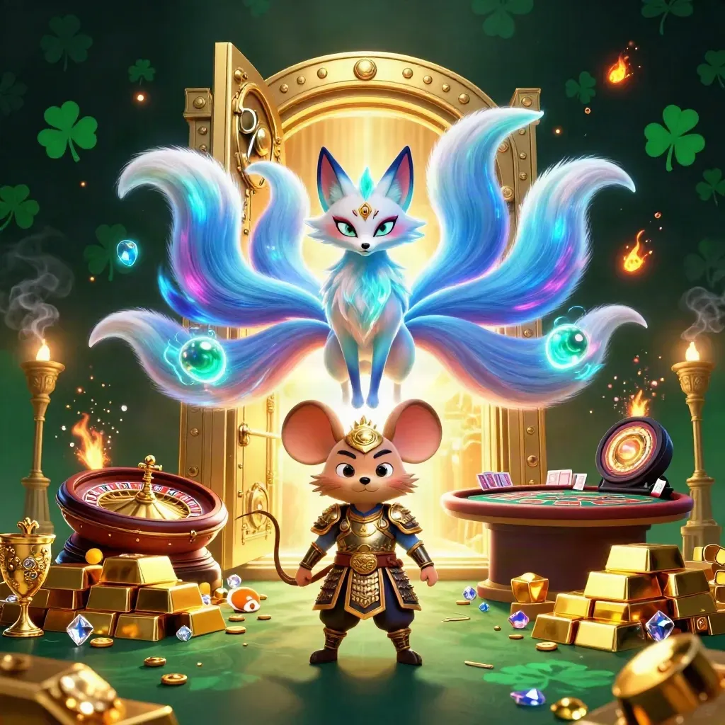Fox spirit and samurai mouse amid vault light, gold, gems, and casino glamour.