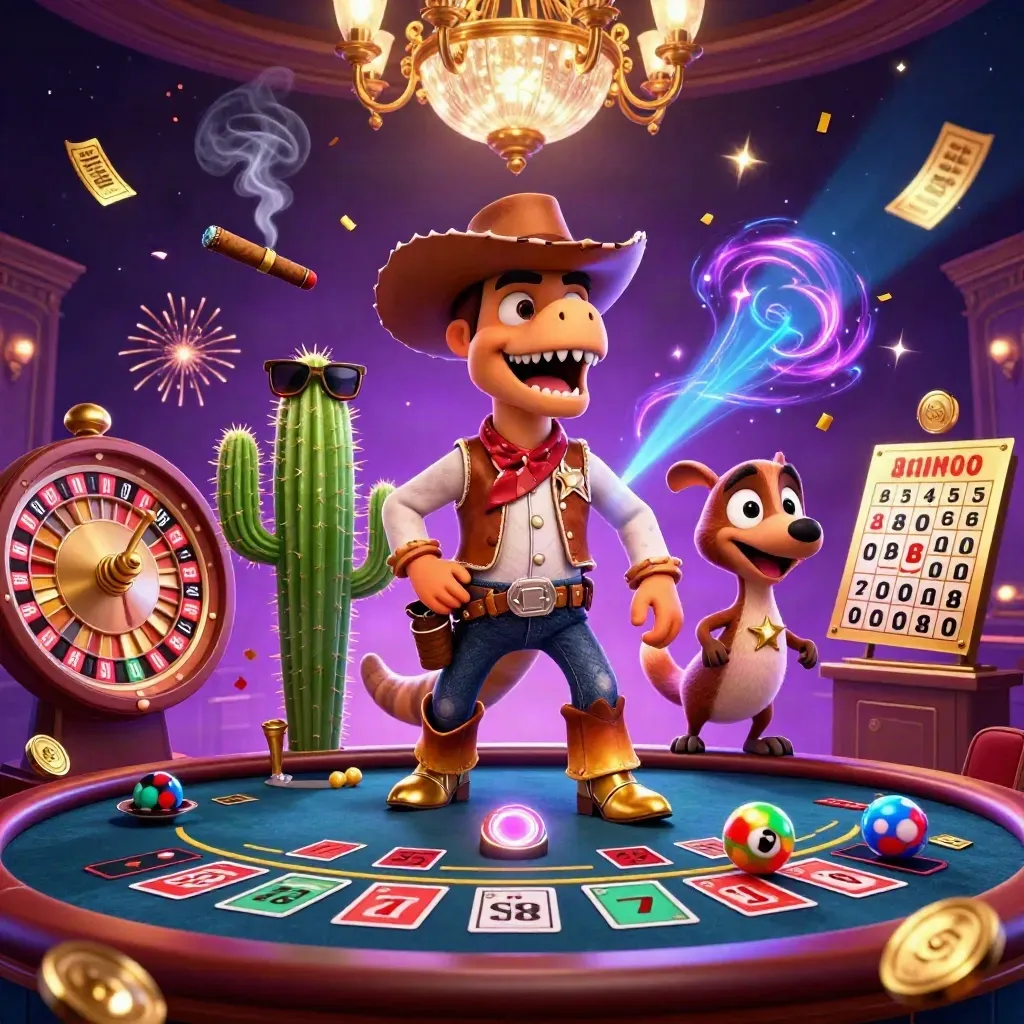 Cowboy T-Rex, cactus, and roadrunner amid casino lights, lottery balls, and a spinning wheel.
