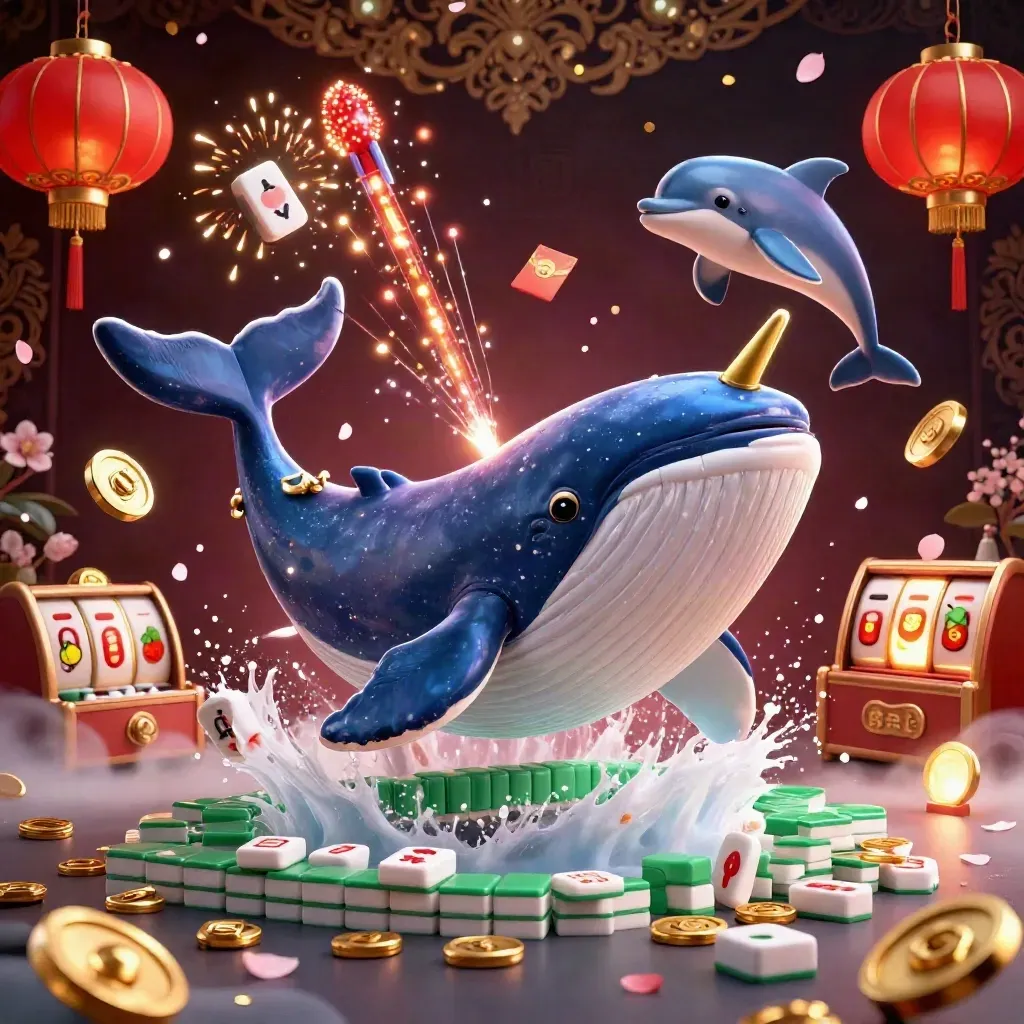 Whale captain and narwhal burst through coins with lanterns, jade, fireworks, and dolphins.