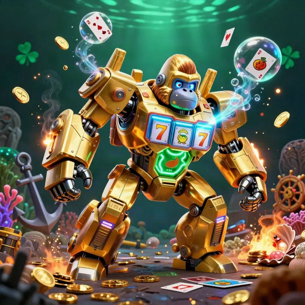 Golden gorilla mech with tiny monkey pilot amid treasure cove, coins, coral, cards, and glowing casino relics.