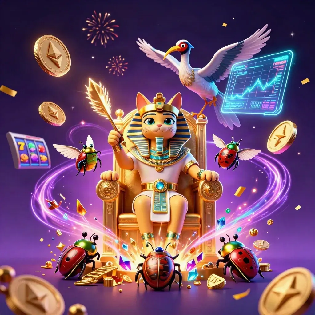 Pharaoh cat, ibis scribe, and gem-wing scarabs amid neon coins, reels, and electric casino magic.