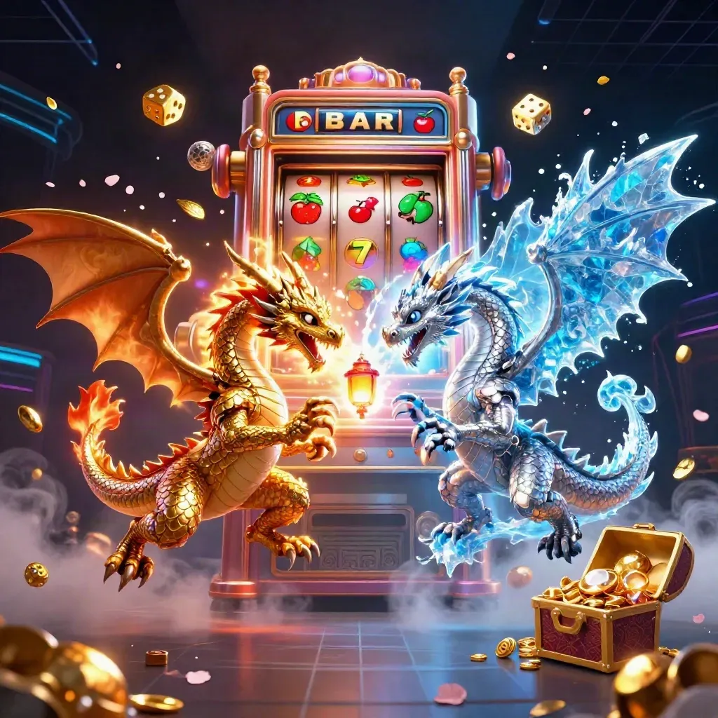 Twin gold and silver dragons clash in a neon casino burst with treasure, dice, and slot symbols
