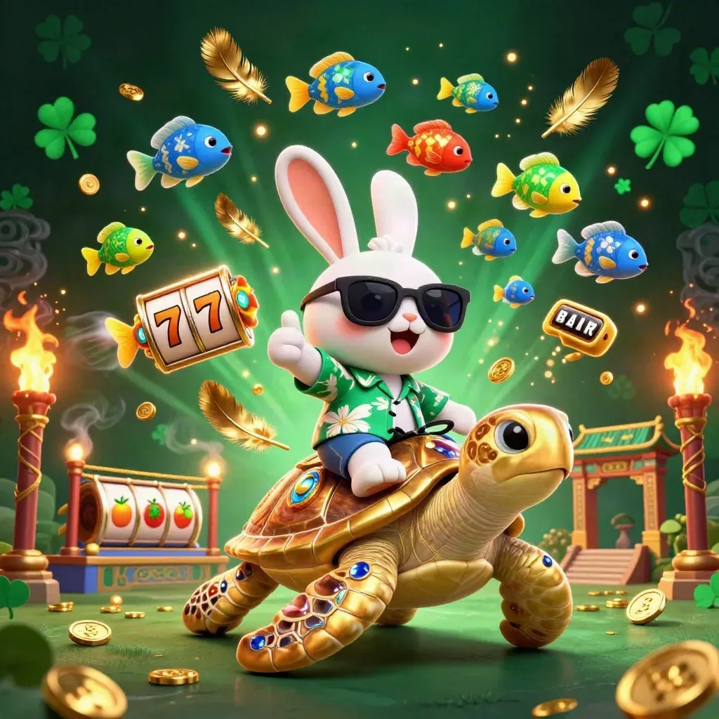 Lucky rabbit rides a golden turtle amid casino treasures, temple gates, embers, and glowing green magic.