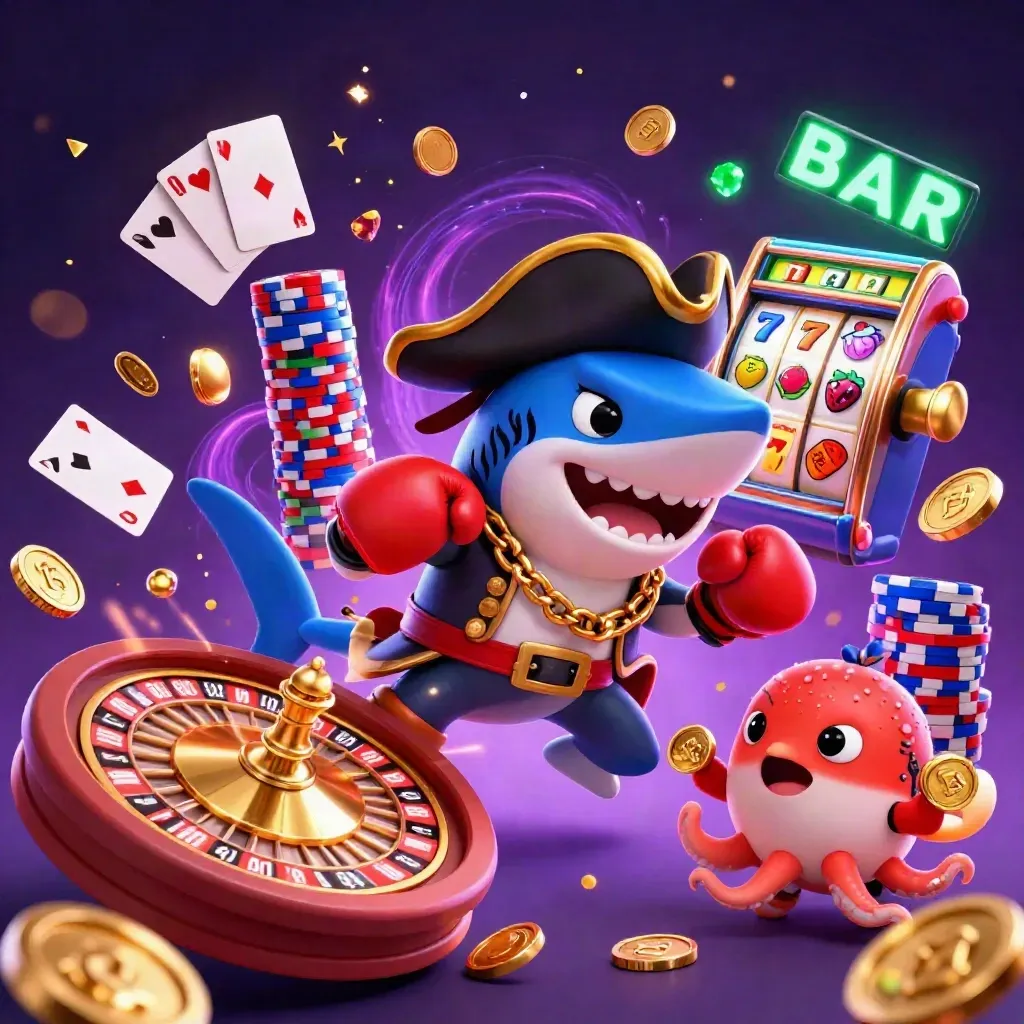 Shark pirate, boxing pufferfish, and juggling baby octopus amid coins, gems, chips and glowing casino magic.
