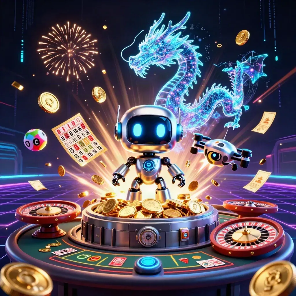 Cyberpunk robot, holographic dragon and coin drone burst with casino coins, wheels and fireworks.