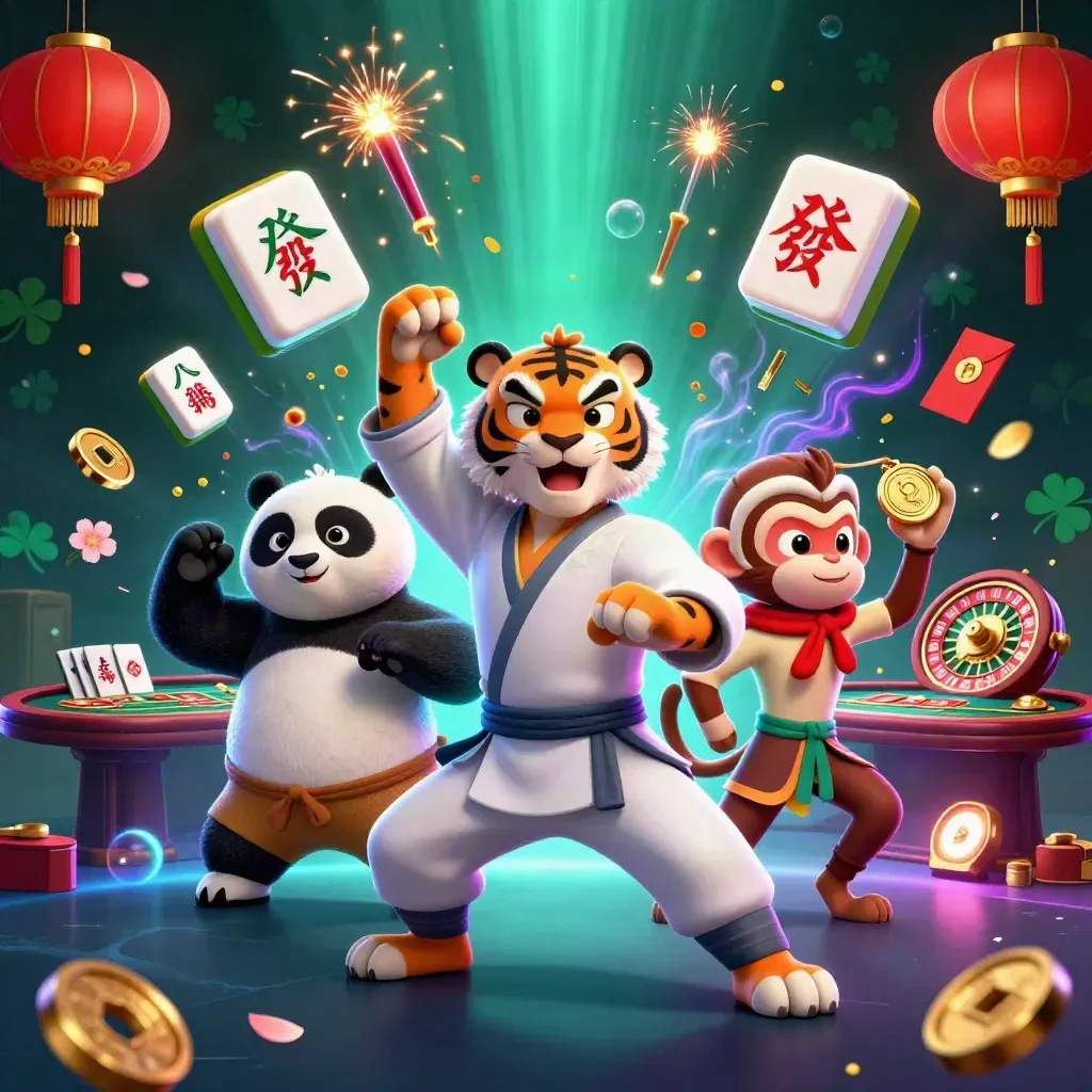 Kung-fu tiger, panda, and monkey amid coins, fireworks, lanterns, and casino lux glow.