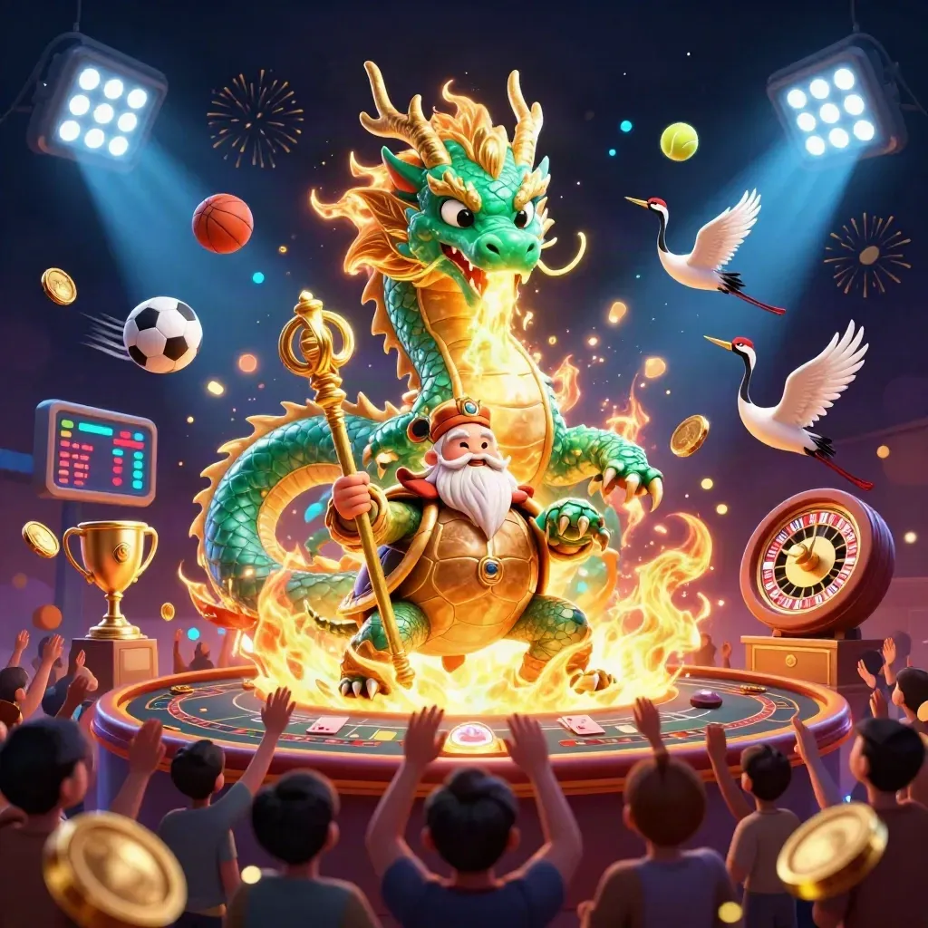 Emerald dragon, turtle sage and cranes amid coins, fire, fireworks and casino riches.