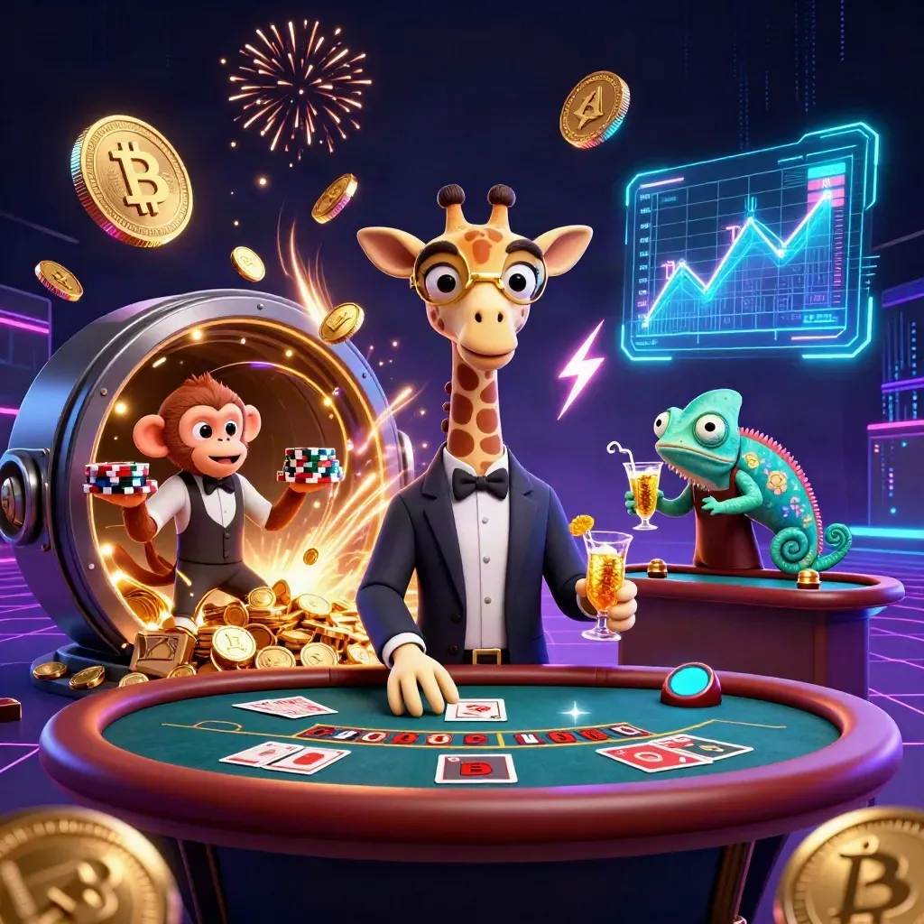 Giraffe, monkey, and chameleon in a neon casino scene with coins, cards, and fireworks.