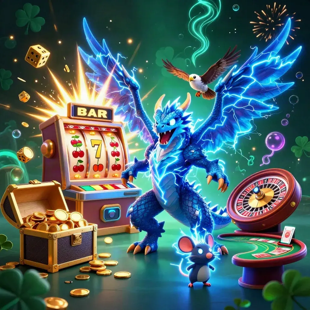 Thunder dragon, wind hawk, and static mouse amid slot symbols, gold coins, and casino lights.