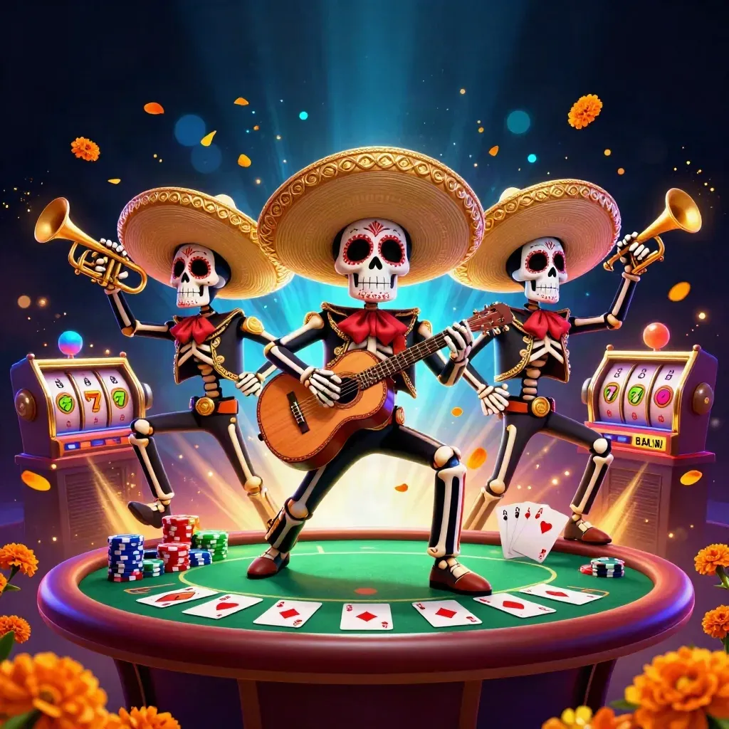 Skeleton mariachi trio amid chips, cards, reels, and glowing casino lights.