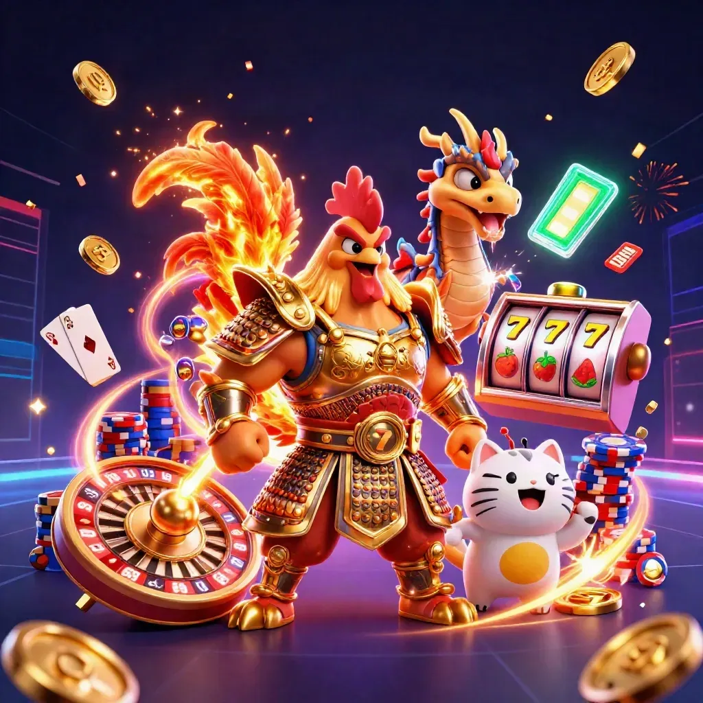 Rooster warrior, dragon hatchling and lucky cat blast casino coins, chips, cards and neon sparks.