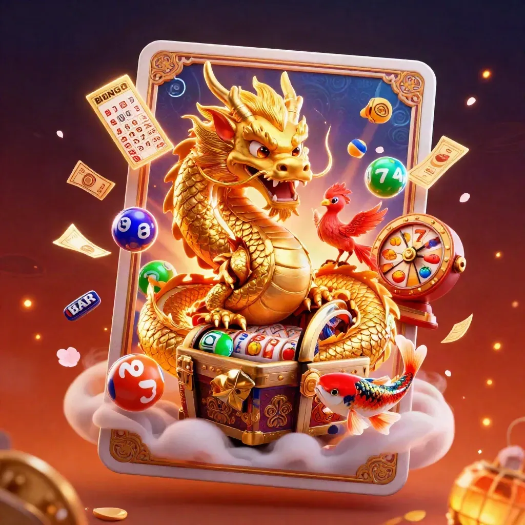 Golden dragon and phoenix amid casino tokens, jackpot wheel, and glowing runes.