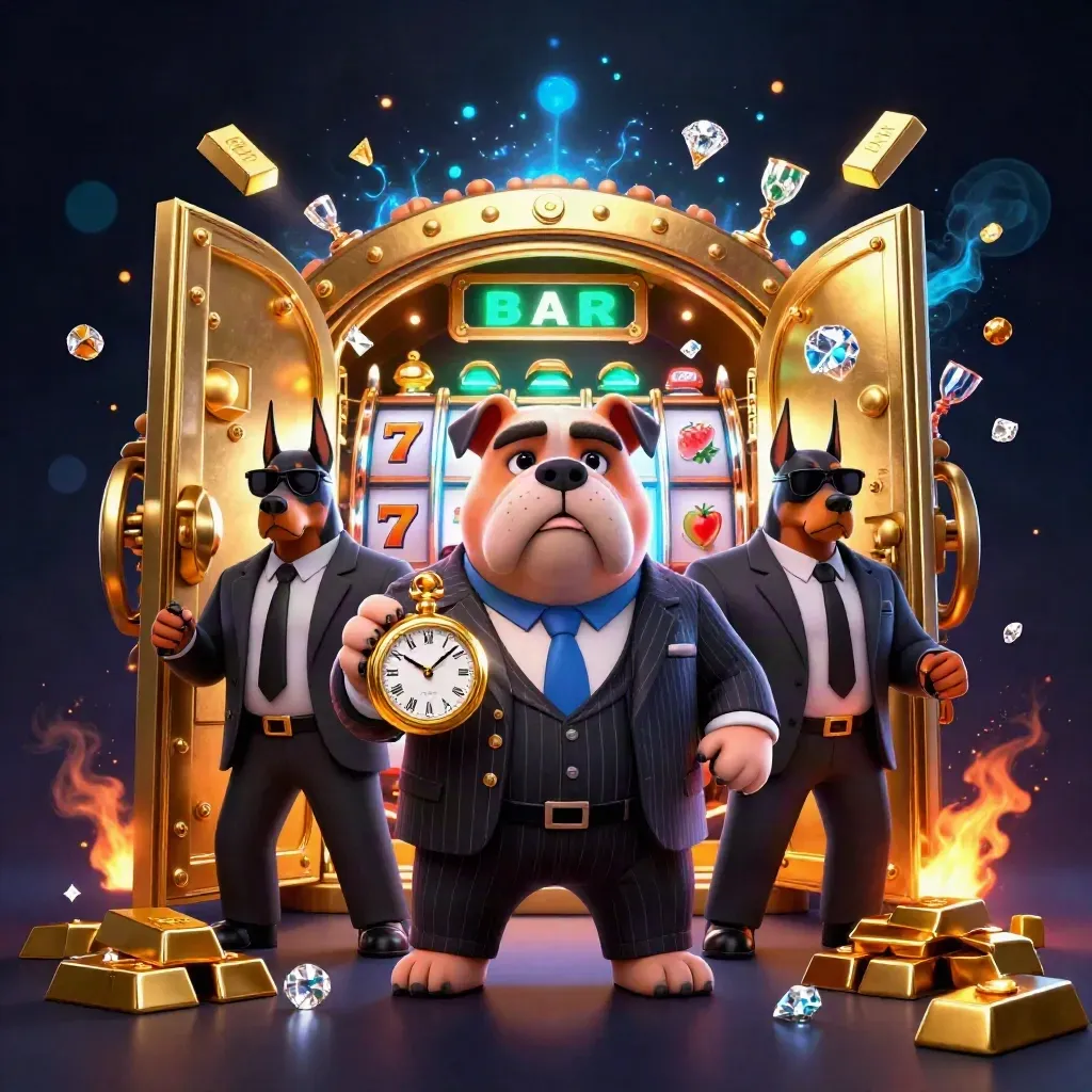 Cartoon mafia bulldog and bodyguards burst from a golden vault with casino loot and glowing reels.