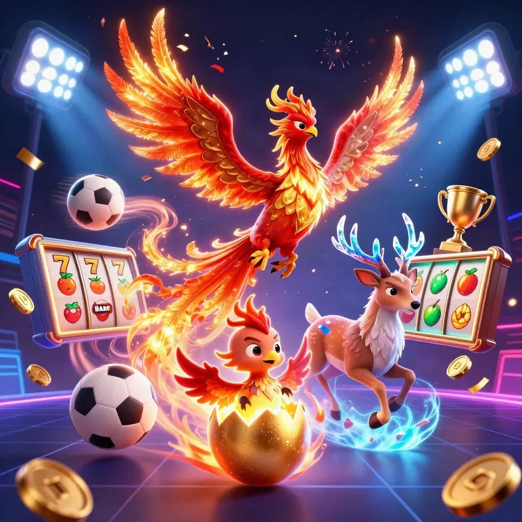 Fire phoenix, baby phoenix, and crystal stag amid casino icons, coins, and neon effects.