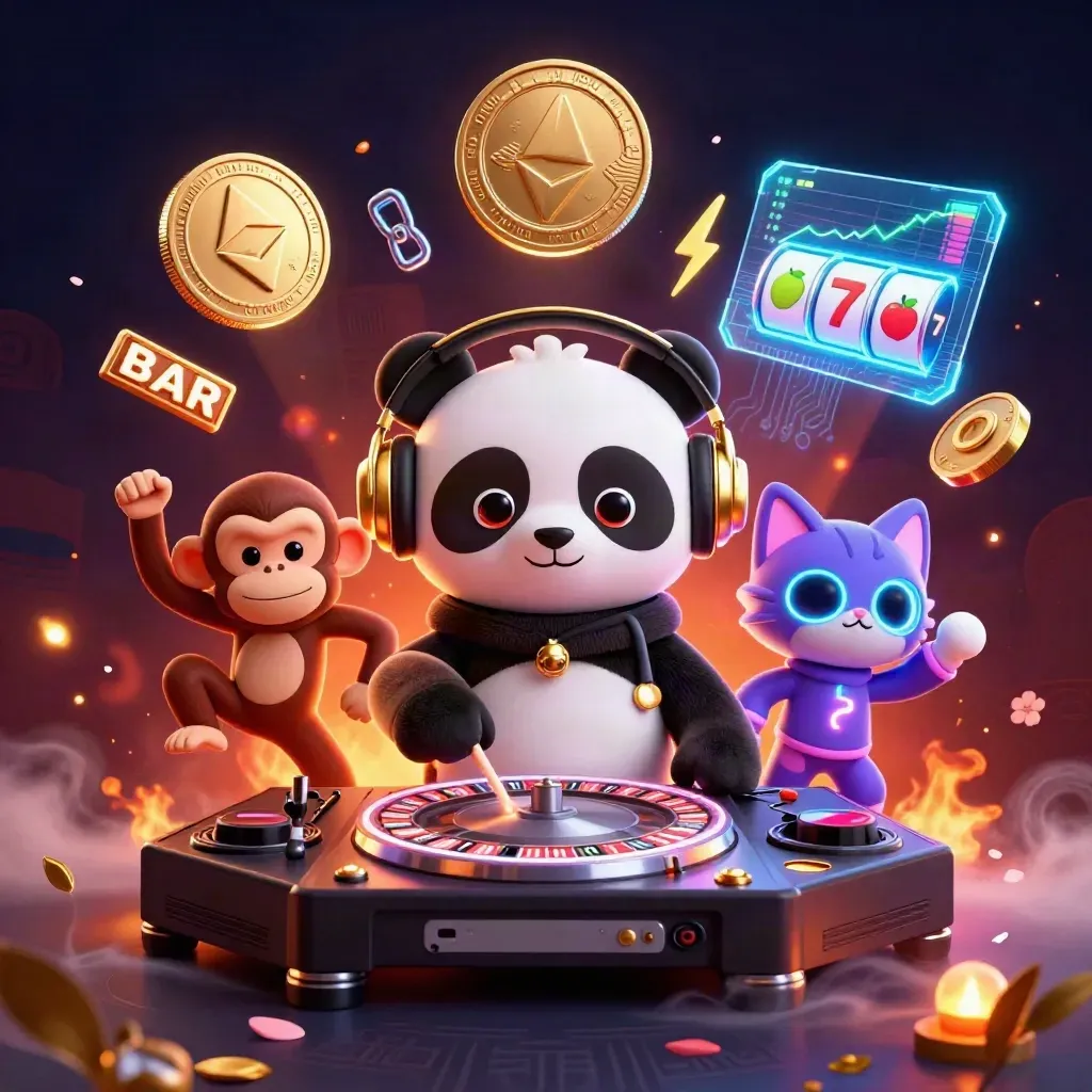 Panda DJ, dancing monkey, and rave kitten in a neon casino burst with coins, reels, and lightning.