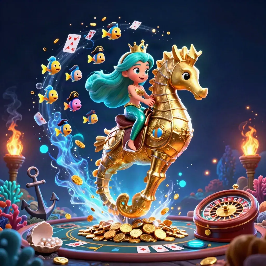 Turquoise-haired mermaid princess rides a gold-armored seahorse amid coins, cards, coral, and casino relics.