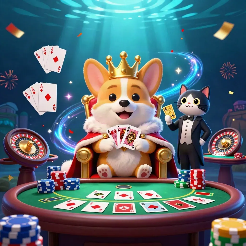 Royal corgi king and cat butler with chips, cards, roulette spin and glowing casino effects.