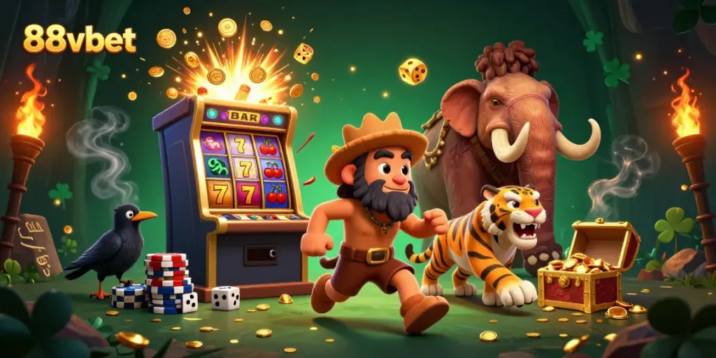 Engage with 88vbet in a vibrant 3D casino scene featuring a caveman and saber-tooth tiger.