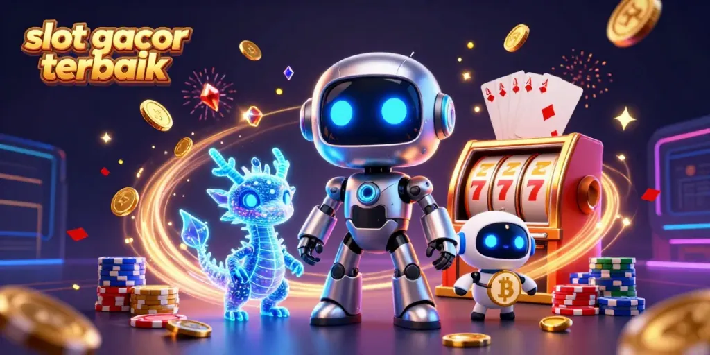 Slot gacor terbaik mengajak Anda merasakan keseruan jackpot dengan karakter robot futuristik dan elemen permainan kasino.