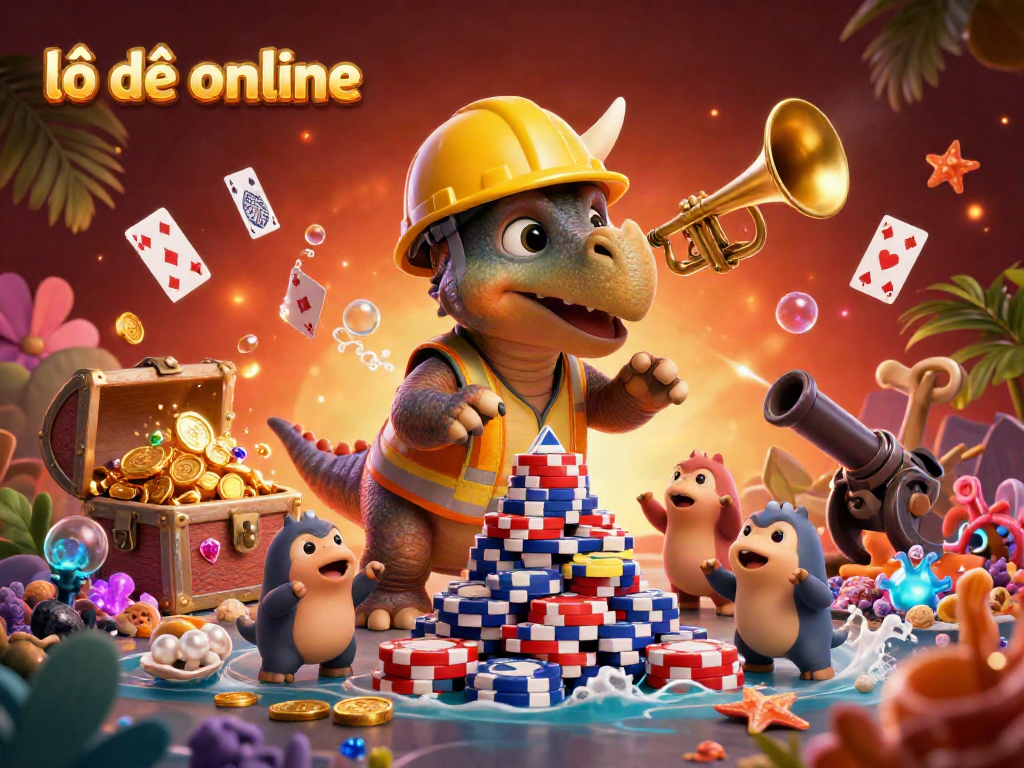 Win big with lô đề online in this vibrant and engaging 3D illustration featuring celebratory dinosaurs and casino elements.