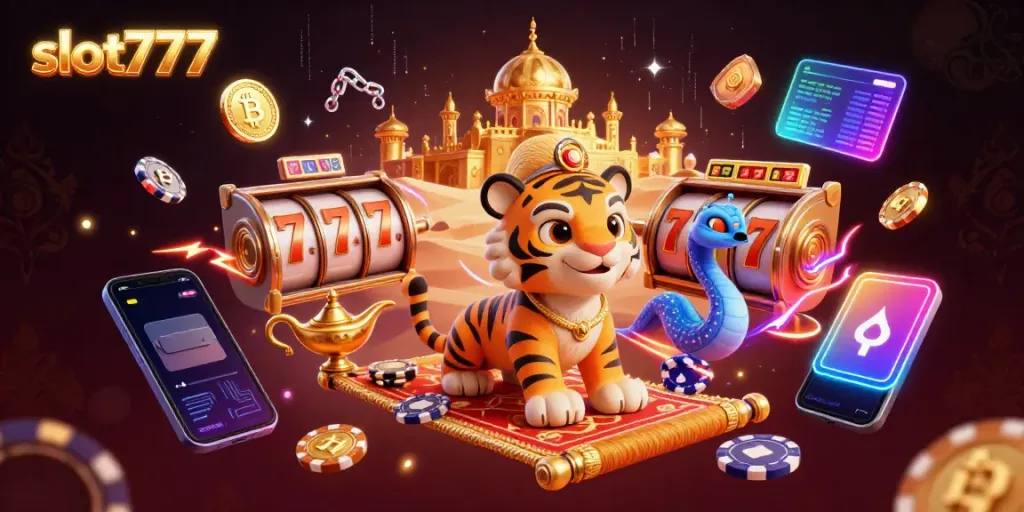 Experience the excitement of slot777 with a vibrant 3D illustration featuring jackpots and casino elements bursting with energy.