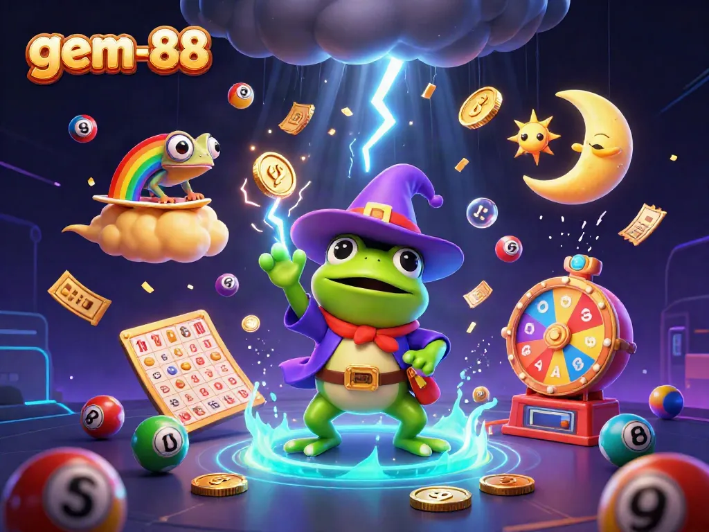 Experience gem-88's excitement and winnings with vibrant casino-themed illustration.