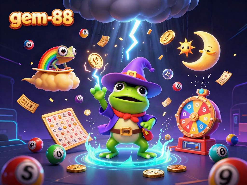 Experience gem-88's excitement and winnings with vibrant casino-themed illustration.