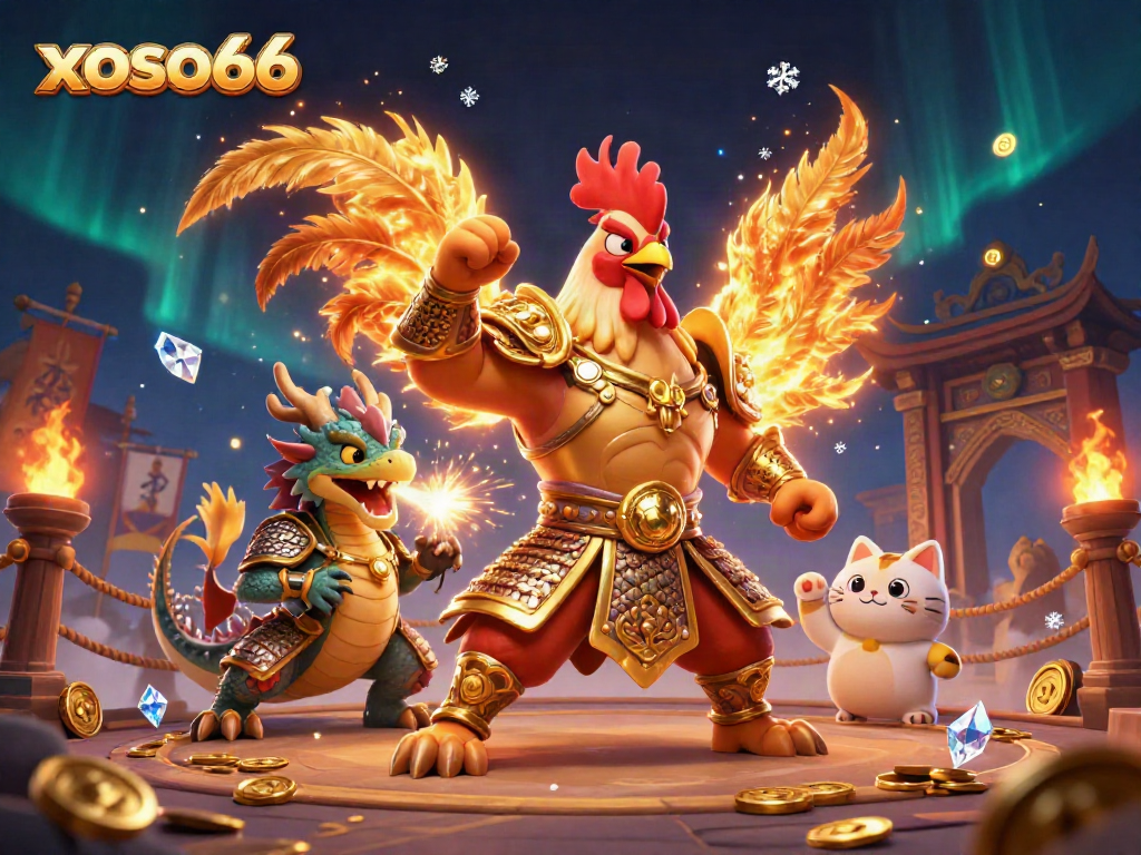 Experience thrilling gameplay at xoso66 with our courageous samurai rooster and dragon in a vibrant casino arena.