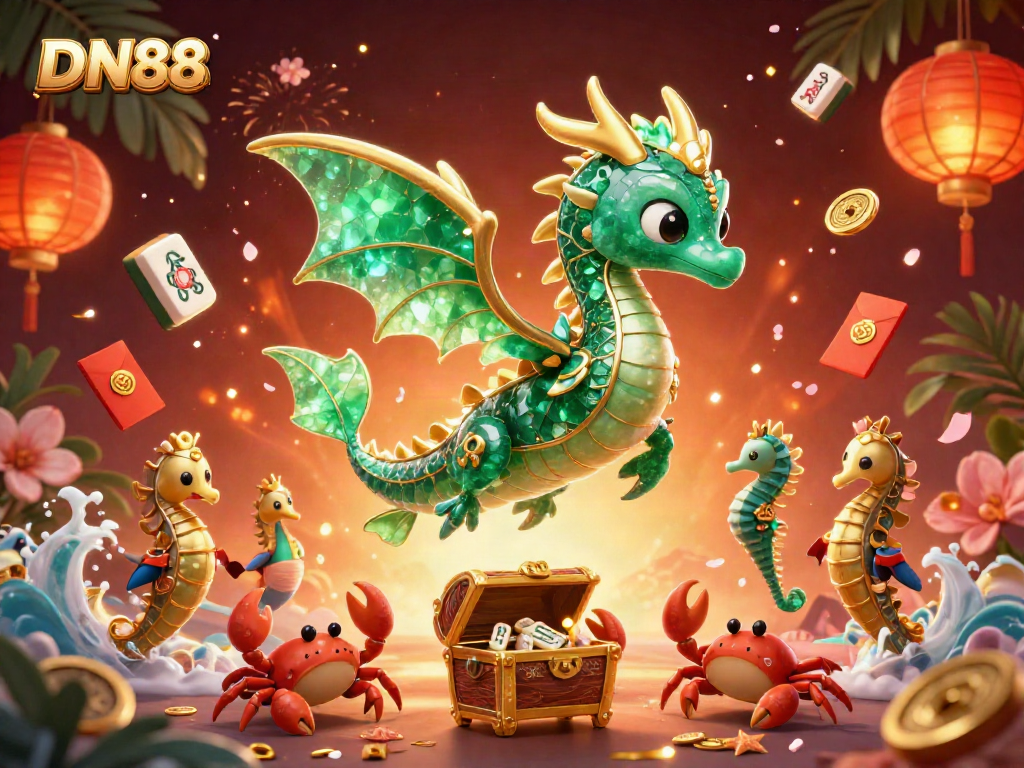 Engaging players at DN88 with a dynamic 3D rendering of a sea dragon, royal seahorses, and vibrant casino elements.