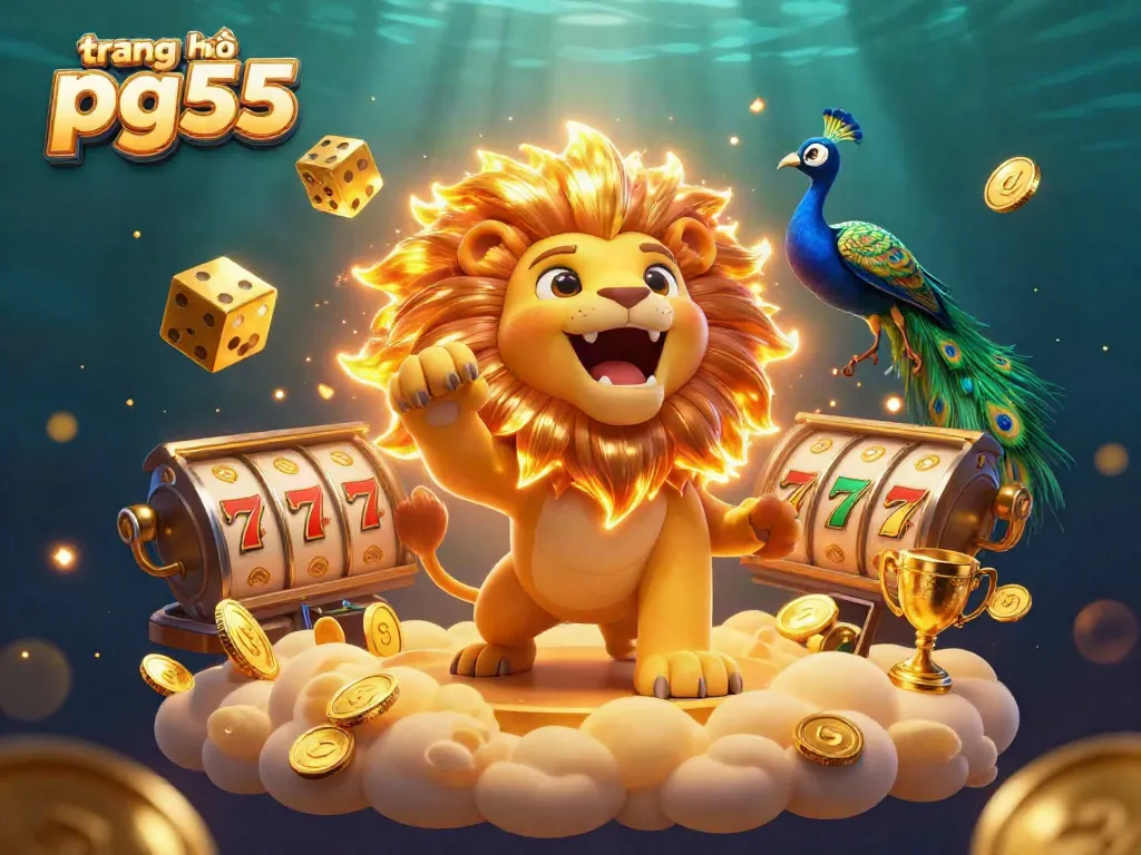 Experience the excitement of gaming at trang chủ pg55 with a vibrant 3D casino illustration featuring roaring sun lion and dynamic golden elements.