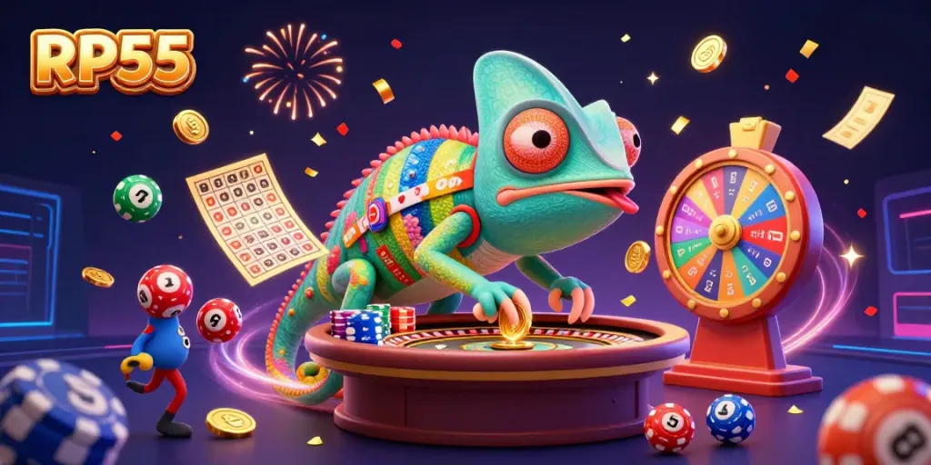 RP55 showcases an animated casino scene with a chameleon owner among lottery and casino elements.