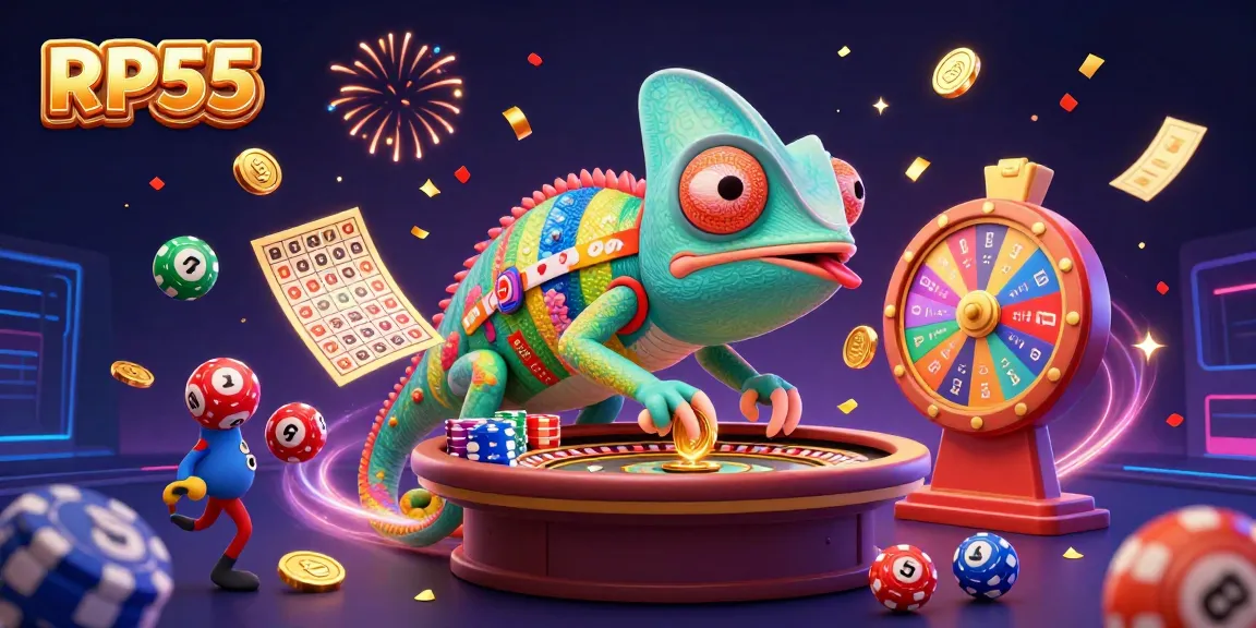 RP55 showcases an animated casino scene with a chameleon owner among lottery and casino elements.
