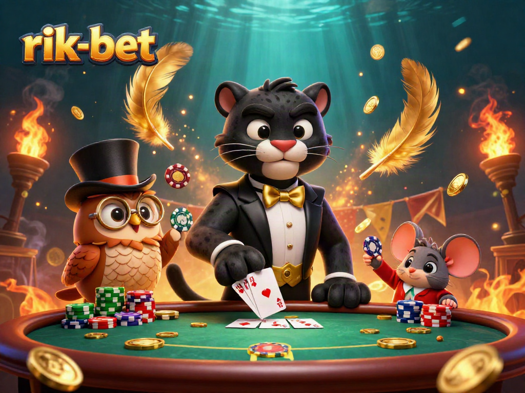 Engage in thrilling online poker with rik-bet featuring a tuxedo panther dealer.