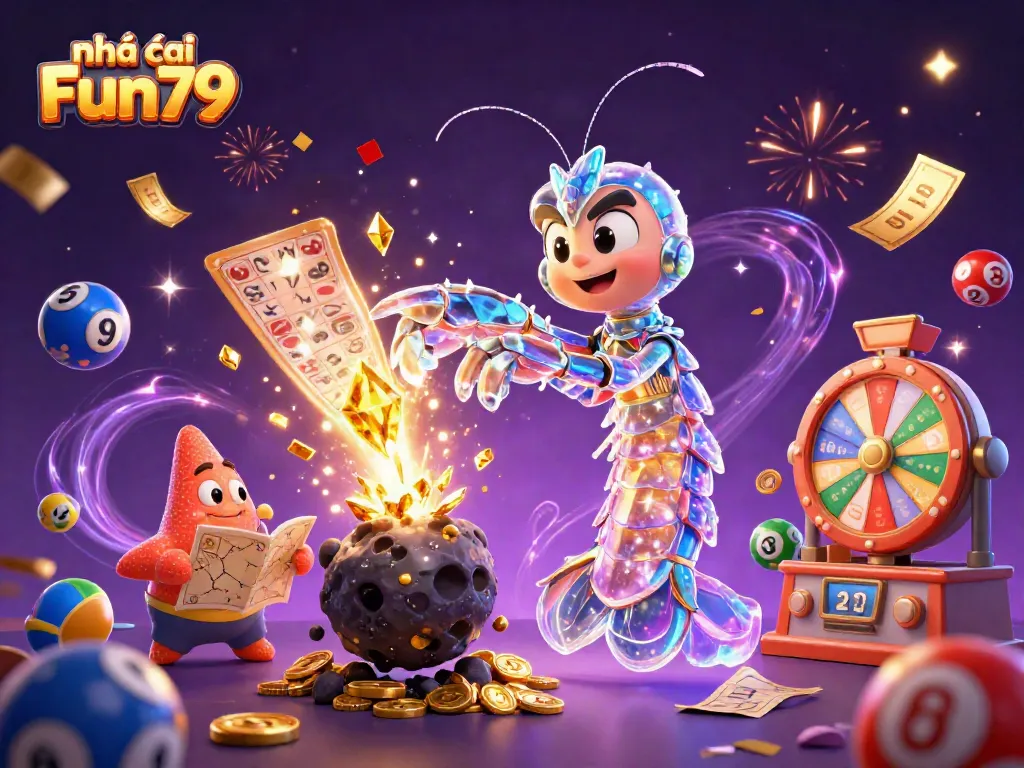 Engaging casino scene featuring nhà cái Fun79, cartoon mantis shrimp, and golden treasure effects.