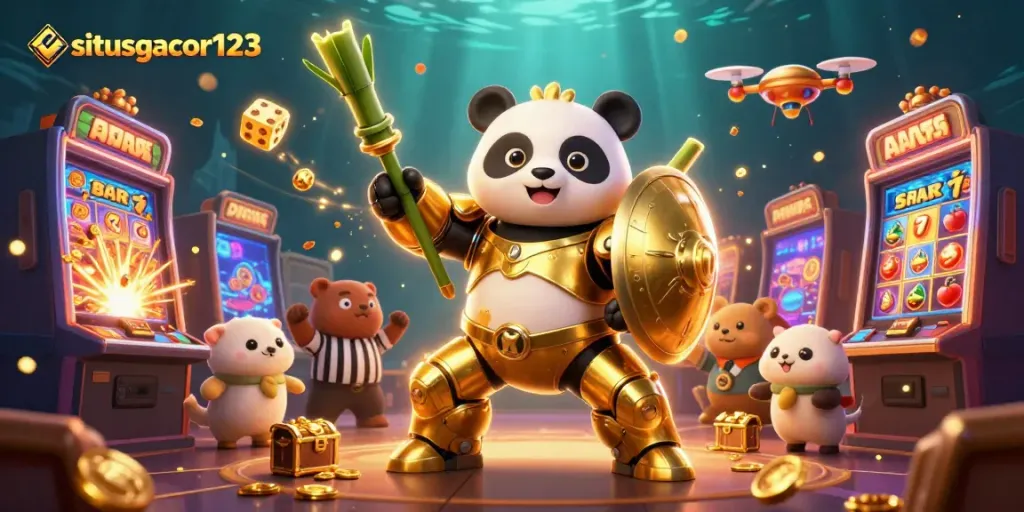 Experience thrilling action on situsgacor123 with a golden panda in a dynamic casino arena.