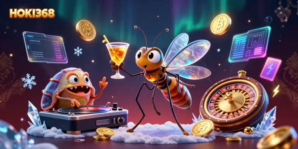 Experience the thrill of HOKI368 with a vibrant scene featuring casino mascots and crypto elements.