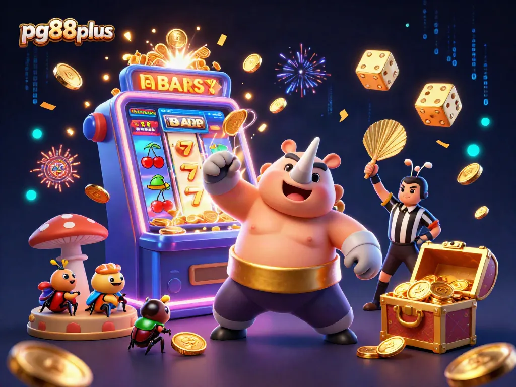 Experience excitement with pg88plus as a cartoon beetle champion celebrates amidst golden coins and vibrant casino elements.
