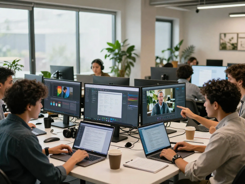 Team collaborating seamlessly with ToDesk remote desktop software in a bright office.