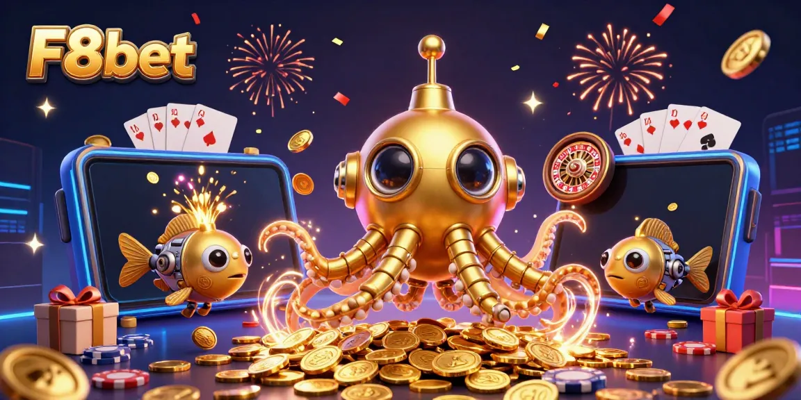 Experience F8bet's immersive games as the golden kraken submarine emerges from golden coins.