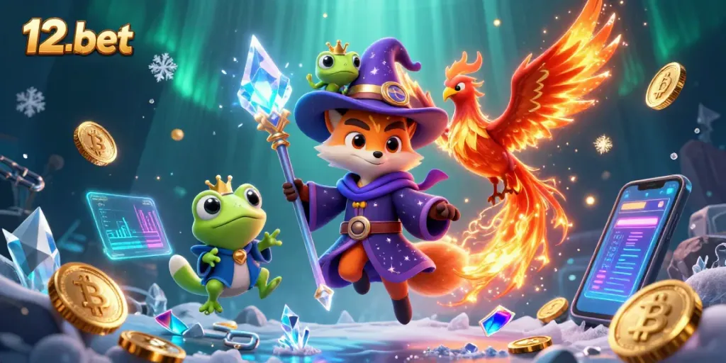 Engage with 12-bet's mystical wizard fox in a vibrant casino-themed illustration