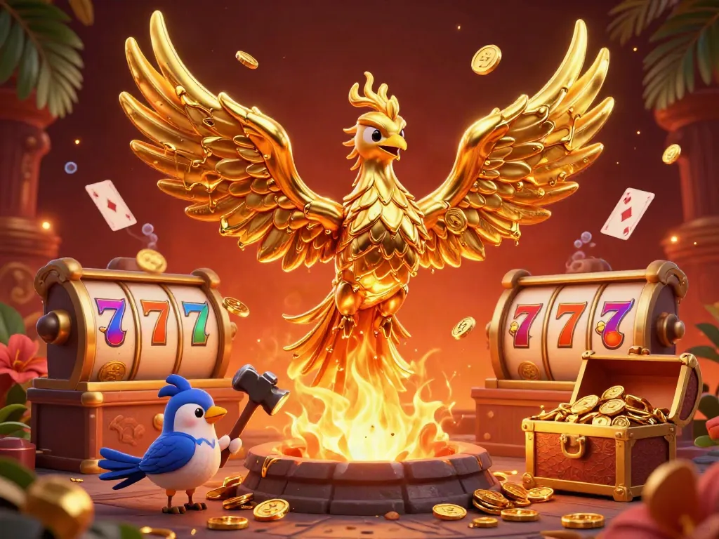 Kubet's dynamic casino illustration showcasing a golden phoenix among vibrant slot elements.