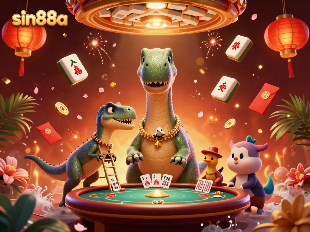 Experience thrilling casino action with sin88a as a dinosaur dealer oversees a vibrant poker game.